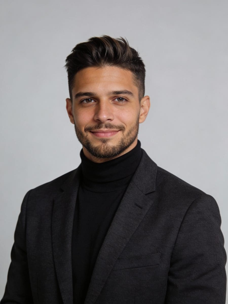 Retrato de executivo jovem de gola alta em ambiente corporativo